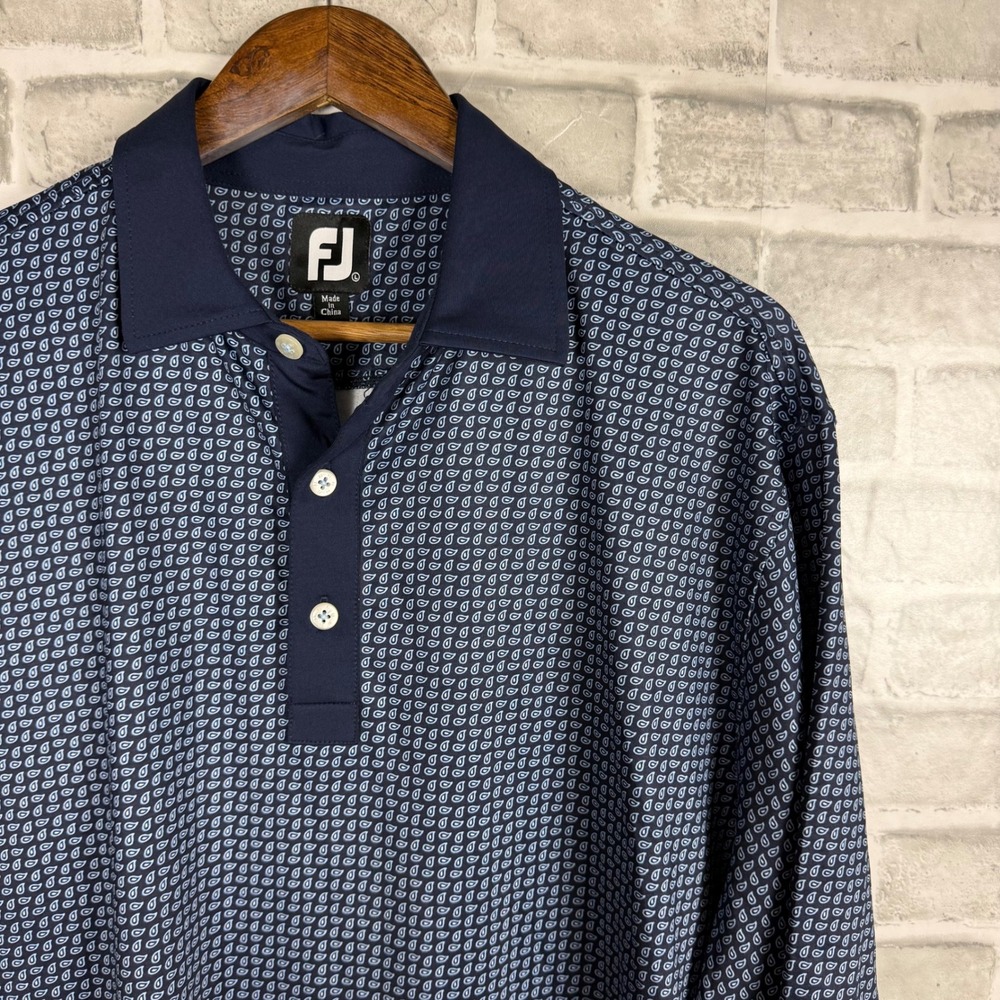 FootJoy Mens Navy Blue Micro Paisley Lisle Golf Polo Shirt Large FJ Logo